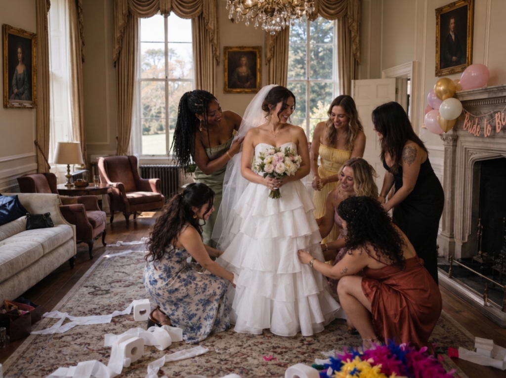 Bride in a tiered white dress holding a bouquet while six friends fuss with her skirt in a grand drawing room decorated for a hen party